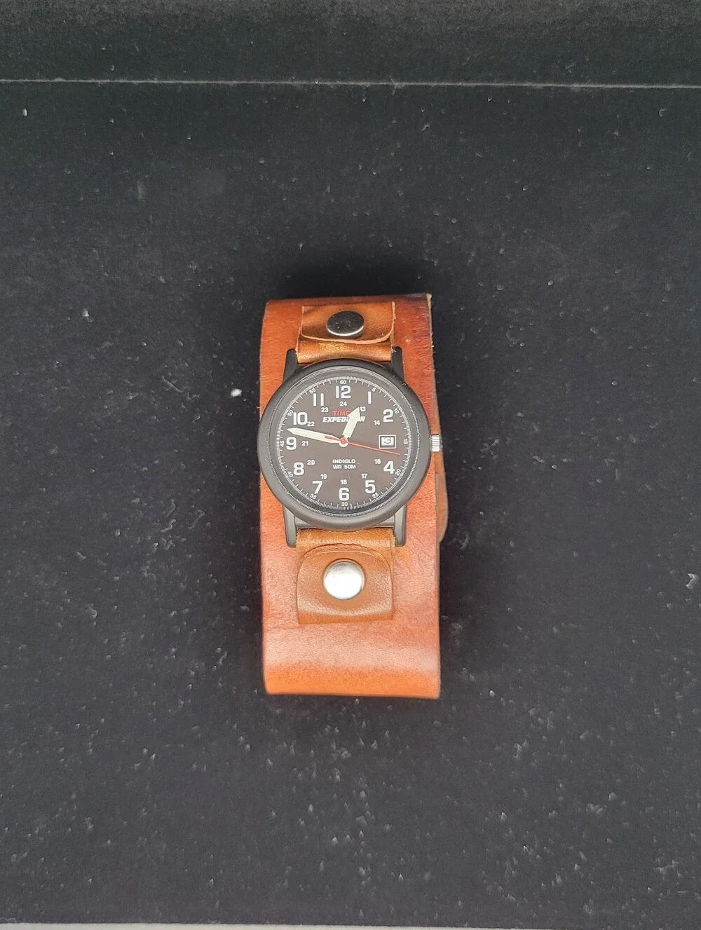 Timex Expedition Men's Black Dial Watch with Brown Leather Cuff